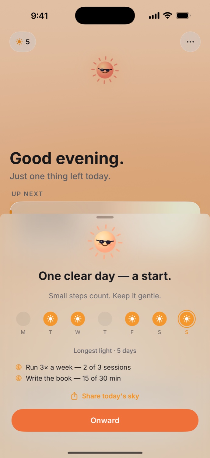 Caledari weekly reflection: one clear day, a start, with goals and the week in light