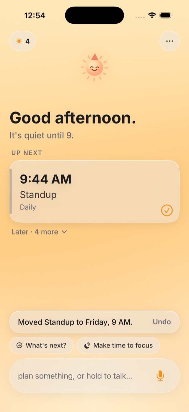 Caledari responding to a spoken command: Moved Standup to Friday, 9 AM, with one tap to undo